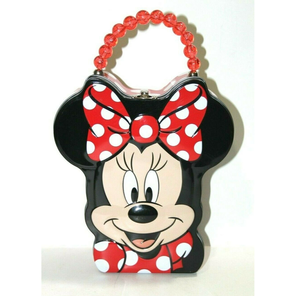 Minnie Mouse Face Metal Lunch Tin Storage Purse Box Red White Polka Dots 10" EC